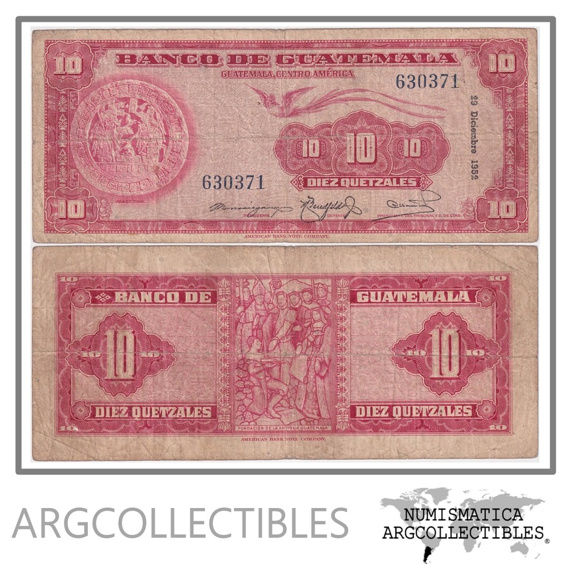 Guatemala Billete 10 Quetzales 1952 P-26a F+