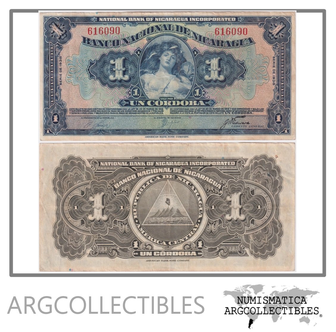 Nicaragua Billete 1 Cordoba 1938 P-63b VF+