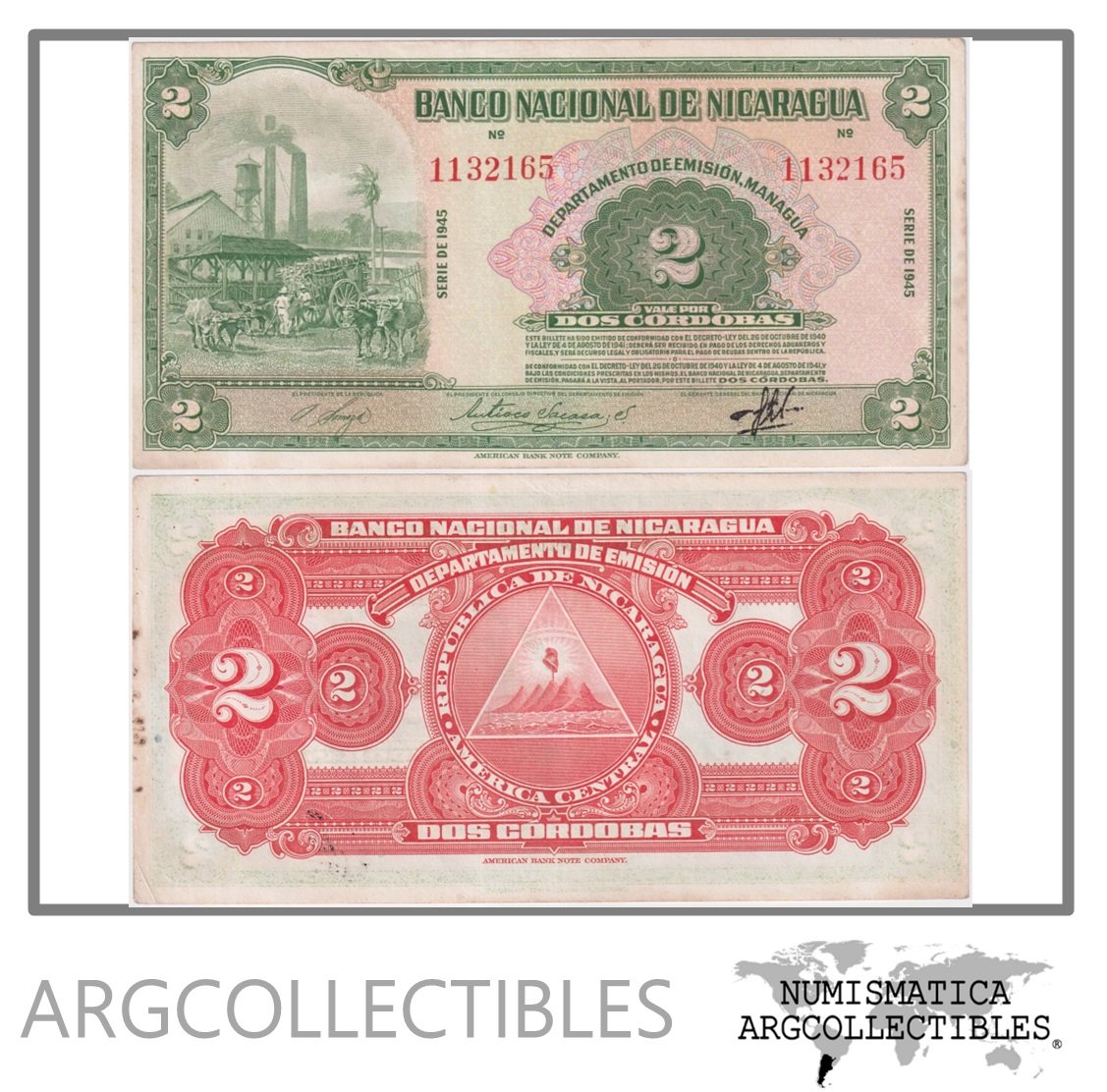 Nicaragua Billete 2 Cordobas 1945 P-92b AU