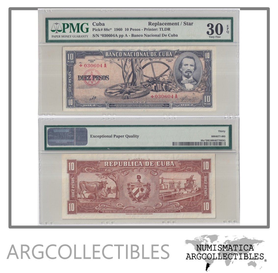 Cuba Billete 10 Pesos 1960 P-88c* VF+ (Reposicion) (Certificado 30)