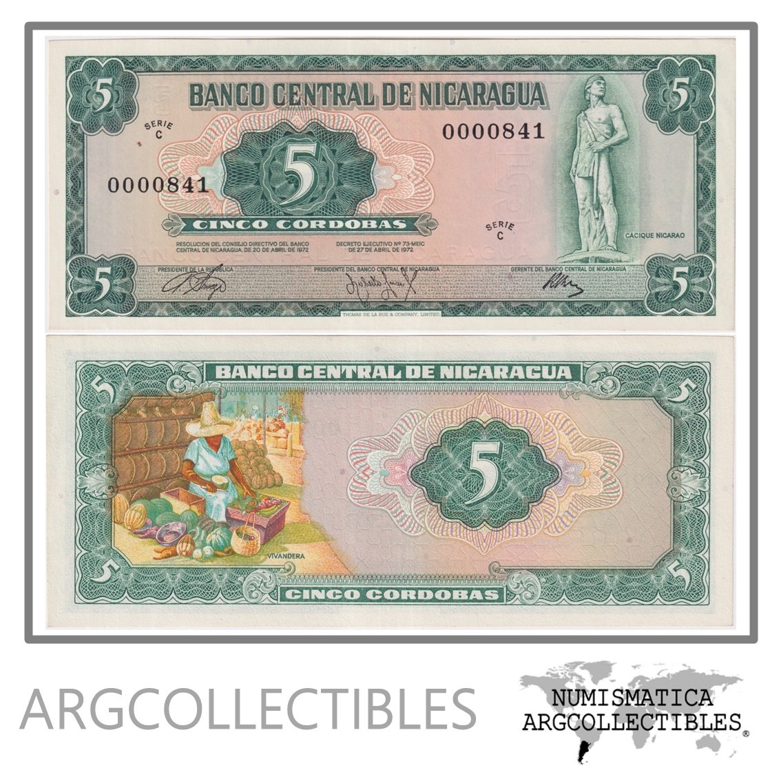 Nicaragua Billete 5 Cordobas 1972 P-122 UNC (Numero Bajo)