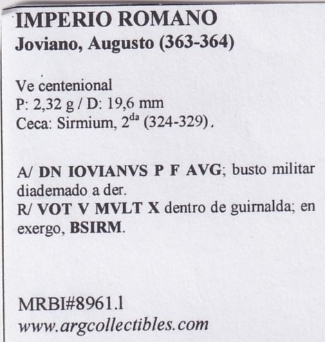 Imperio Romano Moneda VE Centenional Joviano Augusto 363-364 MRBI#8961.1 - Imagen 2