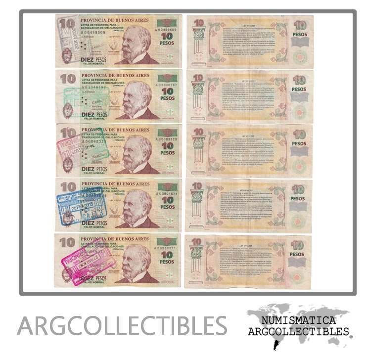 Argentina Billete 10 Pesos 2001 (Lote x 5) P-S-2313/EC-217 VF (Patacon) (Cancelados)