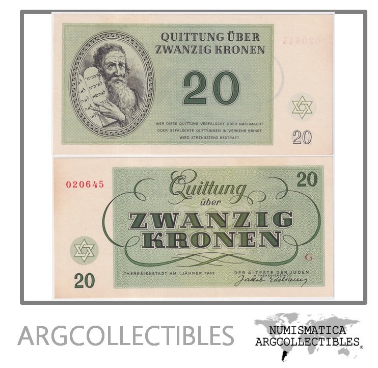 Checoslovaquia Billete 20 Kronen 1943 Guetto Theresienstadt UNC