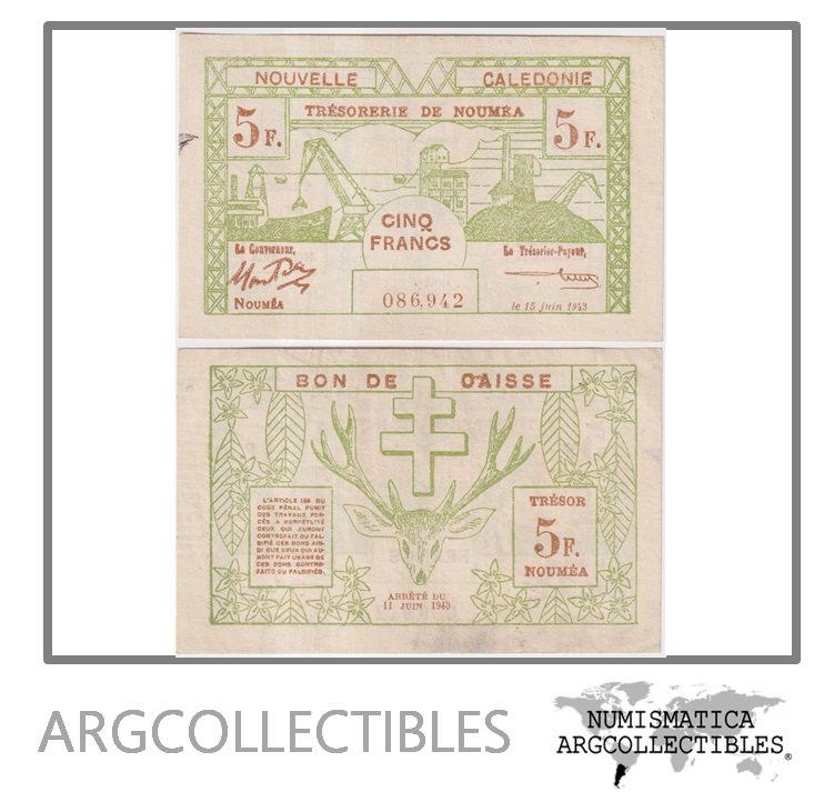 Nueva Caledonia Billete 5 Francos 1943 P-58 XF+