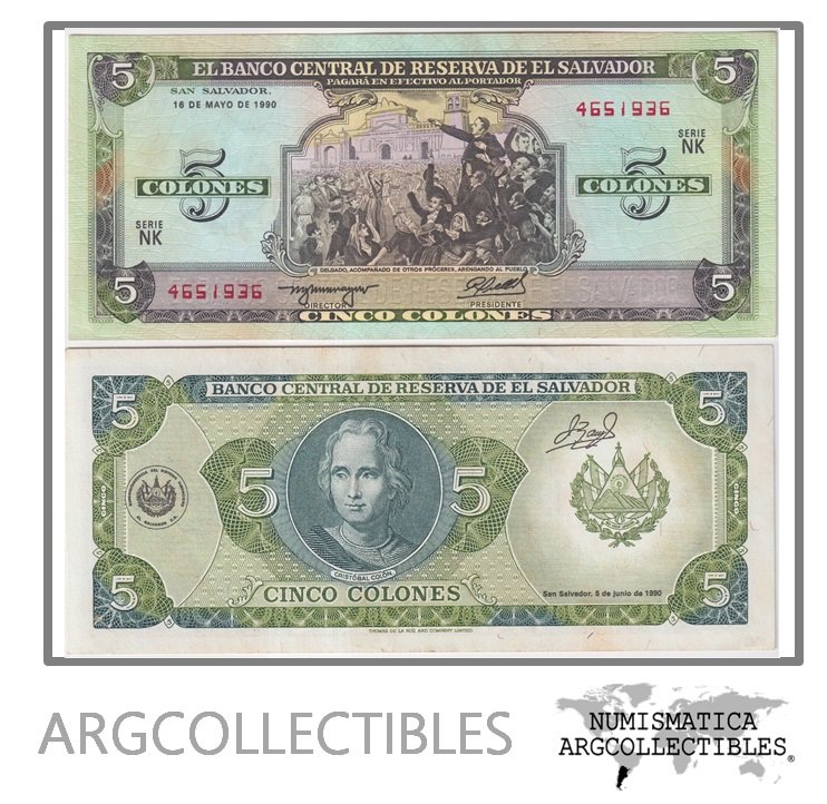El Salvador Billete 5 Colones 1990 P-138 AU (Serie NK)