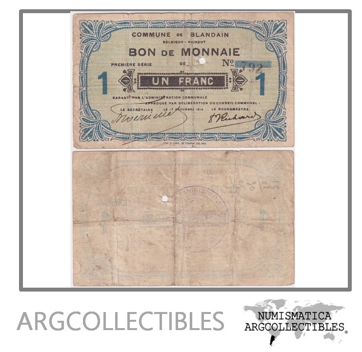 Belgica Billete 1 Franco 1914 Notgeld Commune de Blandain VF