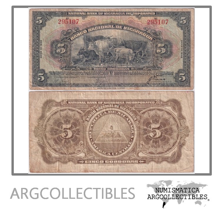 Nicaragua Billete 5 Cordobas 1938 P-65b F+