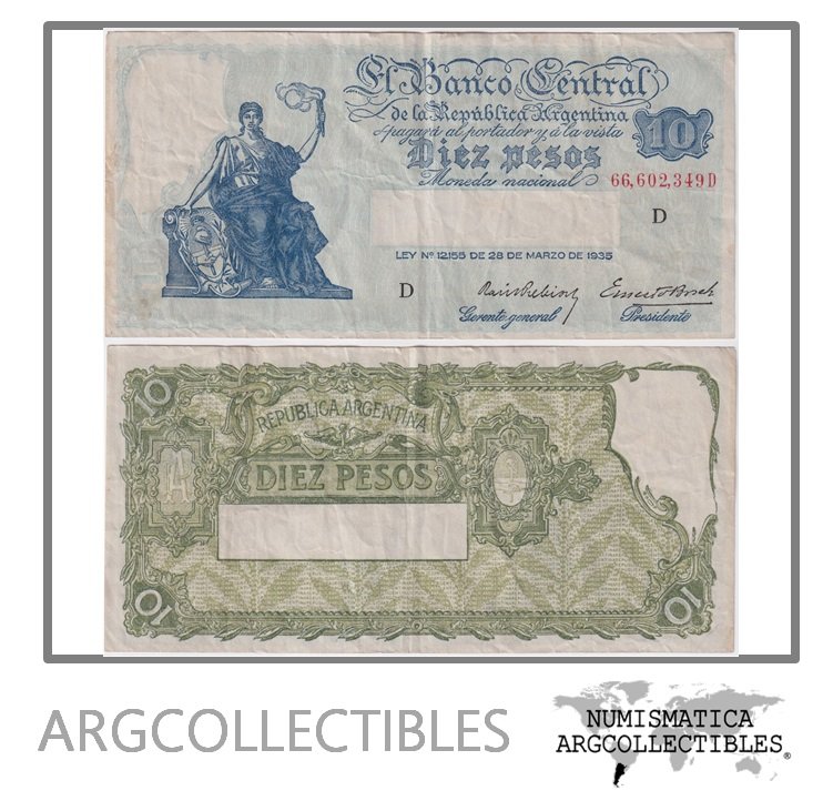 Argentina Billete 10 Pesos 1940 P-253/BOT-1882 VF (Serie D)