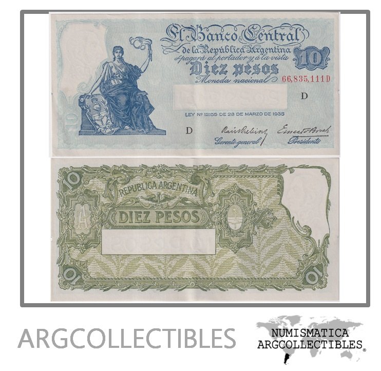Argentina Billete 10 Pesos 1940 P-253/BOT-1882 XF (Serie D)