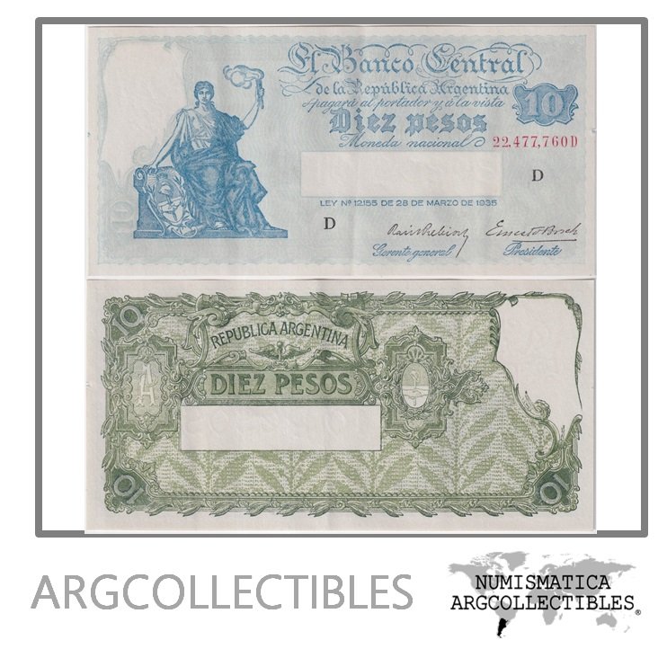 Argentina Billete 10 Pesos 1937 P-253/BOT-1879 XF (Serie D)
