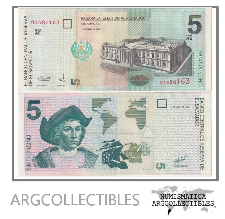 El Salvador Billete 5 Colones 1998 P-147b XF+ (Serie AE)