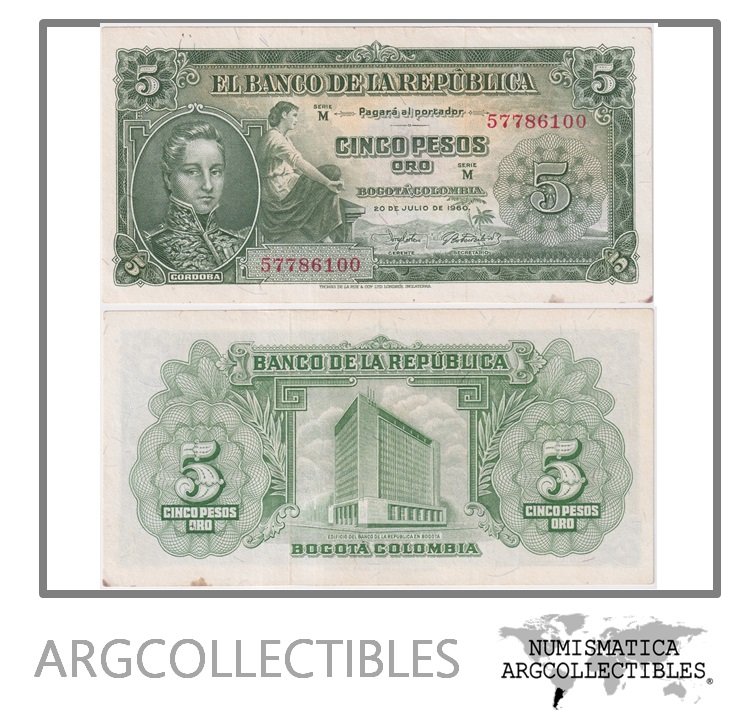 Colombia Billete 5 Pesos Oro 1960 P-405 XF- (Manchado)