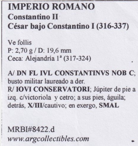 Imperio Romano Moneda VE Follis 316 Constantino II, MRBI#8422.d - Imagen 2