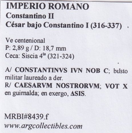 Imperio Romano Moneda VE Centenional 316 Constantino II, MRBI#8439.f - Imagen 2