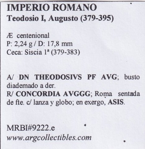 Imperio Romano Moneda AE Centenional 379 Teodosio I,Augusto MRBI#9222.e - Imagen 2