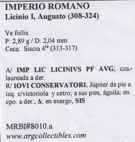 Imperio Romano Moneda VE Follis 308 Licinio I, MRBI#8010.a - Imagen 2