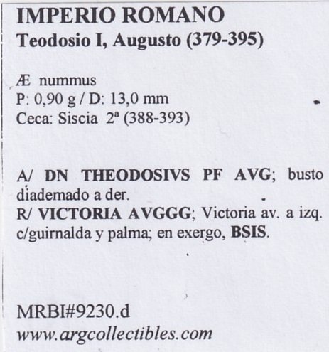 Imperio Romano Moneda AE Nummus 379 Teodosio I,Augusto MRBI#9230.d - Imagen 2