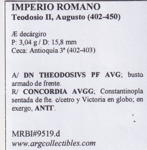 Imperio Romano Moneda AE Decargiro 402 Teodosio II,Augusto MRBI#9519.d - Imagen 2