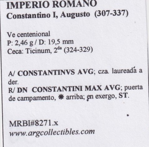 Imperio Romano Moneda VE Centenional 307 Constantino I, MRBI#8271.x - Imagen 2