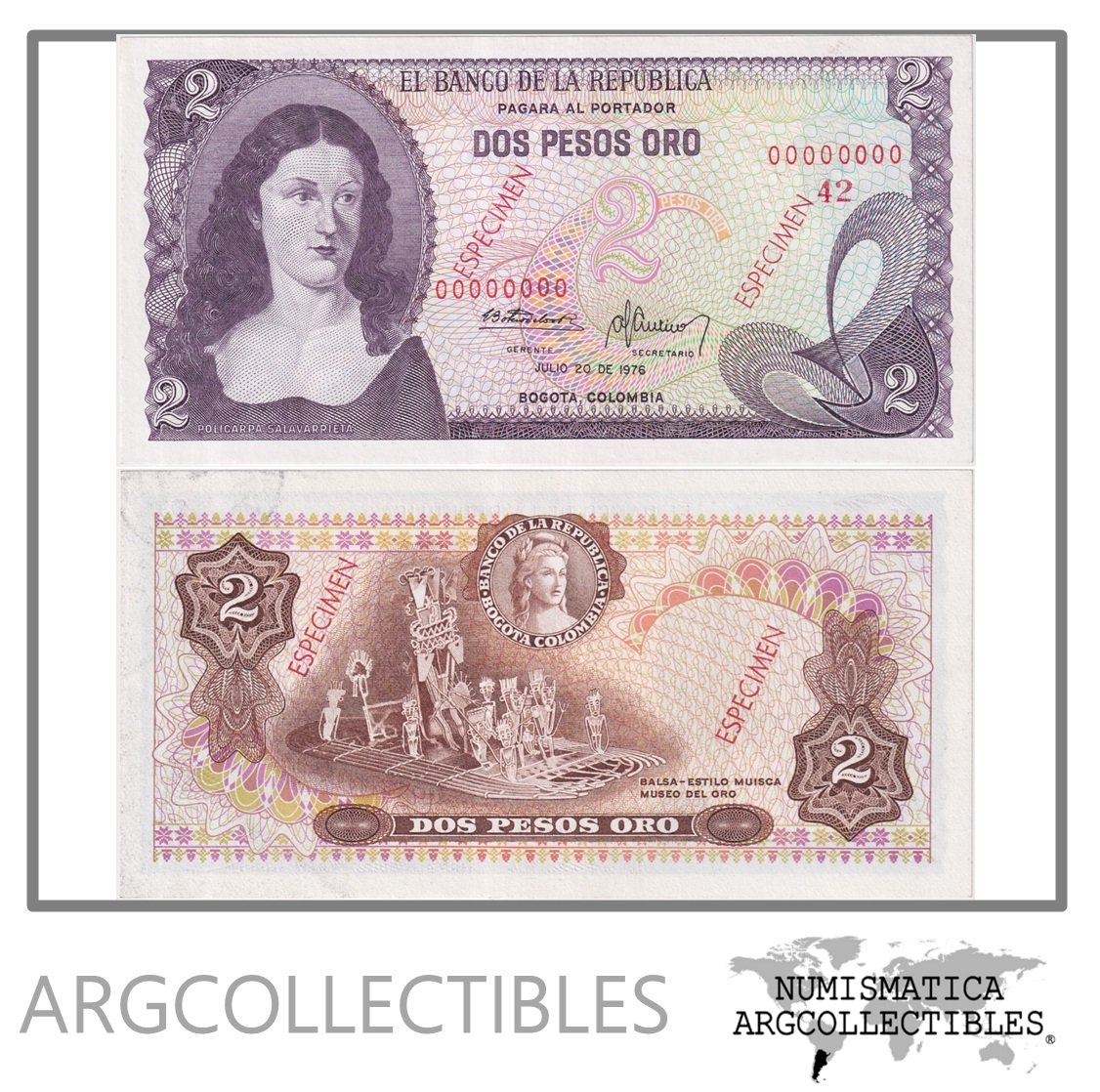 Colombia Billete 2 Pesos 1976 P-413s UNC (Specimen)