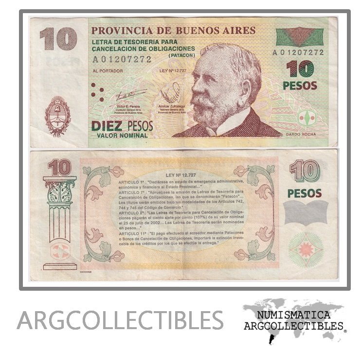 Argentina Billete 10 Pesos 2001 P-S-2313/EC-217 VF+ (Patacon)