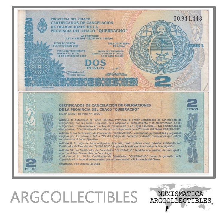 Argentina Billete 2 pesos 2001 EC-242 VF (Chaco Quebracho)