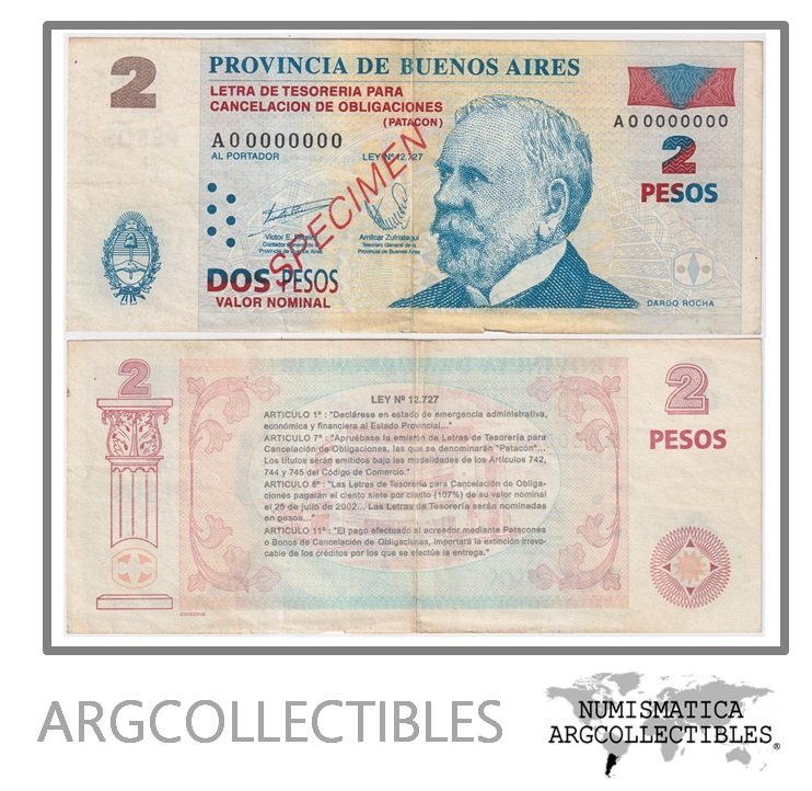Argentina Billete 2 Pesos 2001 P-S-2311/EC-212S VF (Specimen) (Patacon)