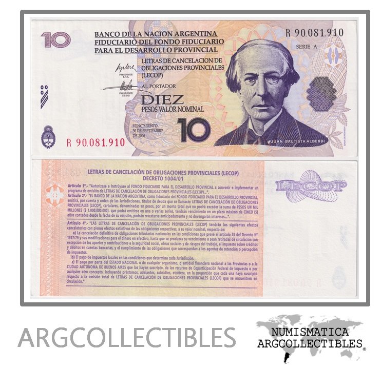 Argentina Billete 10 pesos 2001 EC-205R XF (Lecop) (Repocision)