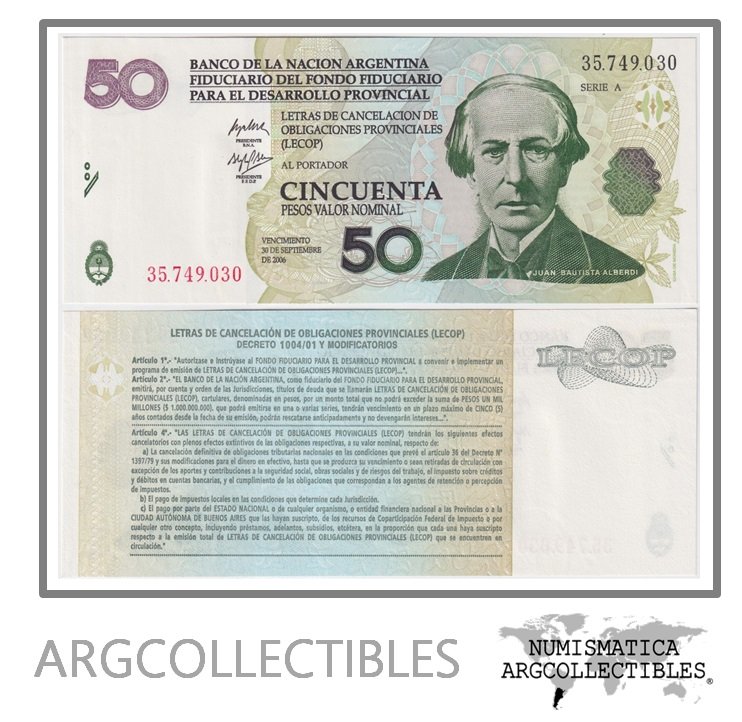 Argentina Billete 50 pesos 2001 EC-209 UNC (Lecop)