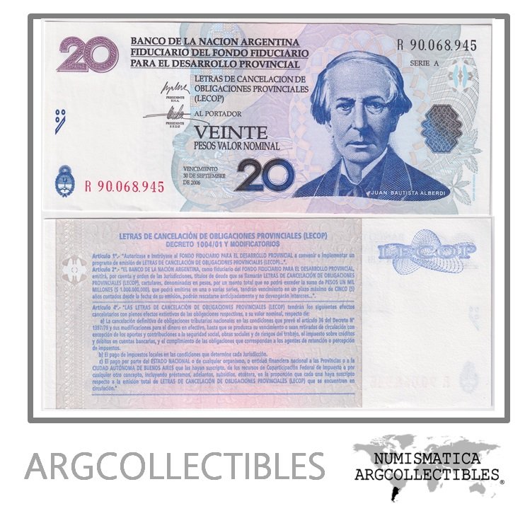 Argentina Billete 20 pesos 2001 EC-206R UNC (Lecop) (Reposicion)
