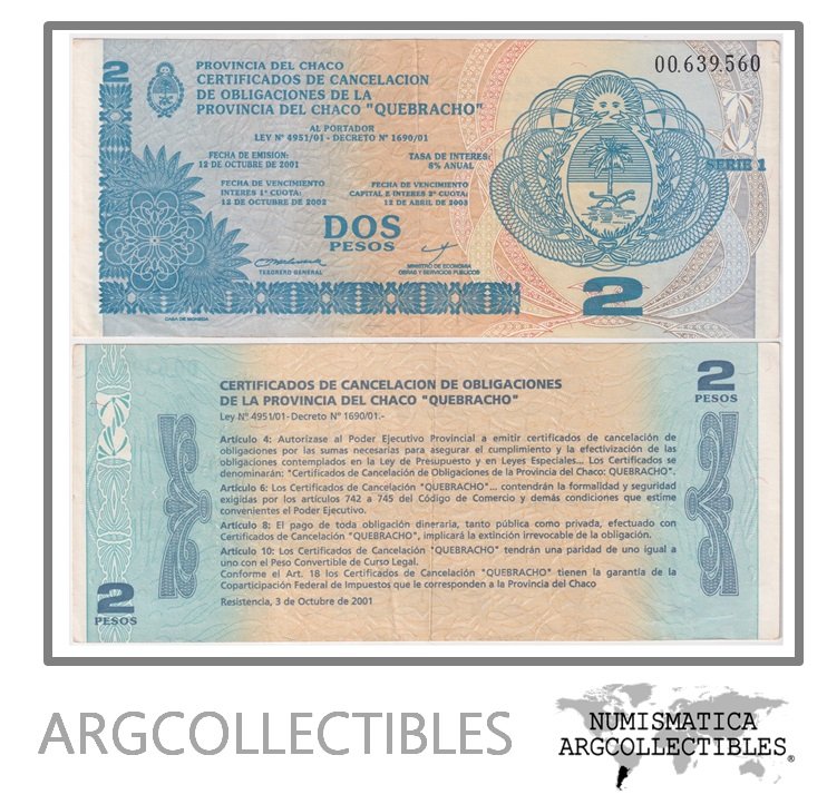 Argentina Billete 2 pesos 2001 EC-242 XF (Chaco Quebracho)