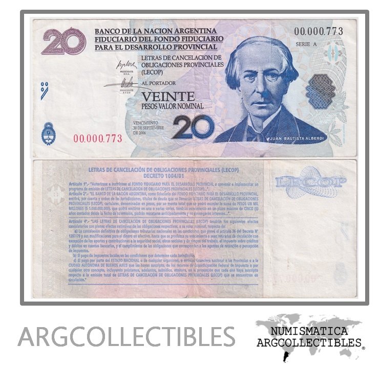 Argentina Billete 20 pesos 2001 EC-206 VF+ (Lecop) (Numero Bajo)