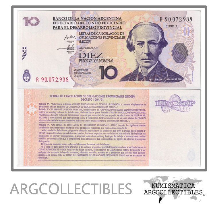 Argentina Billete 10 pesos 2001 EC-205R UNC (Lecop) (Reposicion)