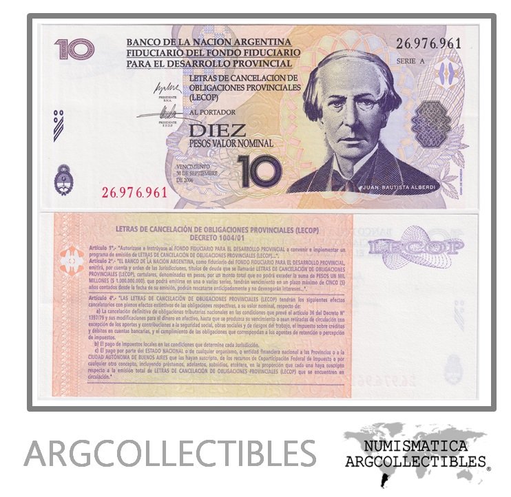 Argentina Billete 10 pesos 2001 EC-205 UNC (Lecop)