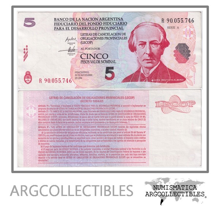 Argentina Billete 5 Pesos 2001 EC-203R XF+ (Lecop) (Reposicion)