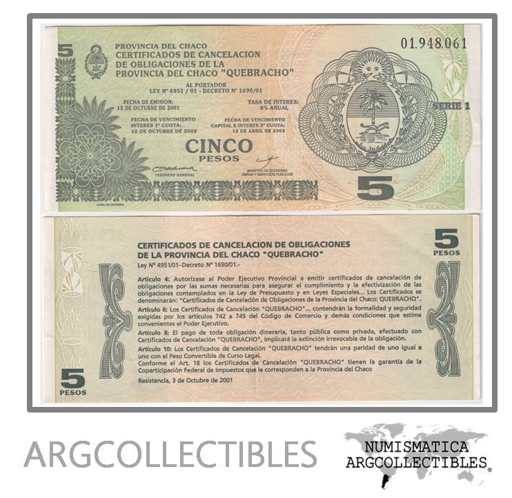Argentina Billete 5 pesos 2001 EC-245 XF (Chaco Quebracho)