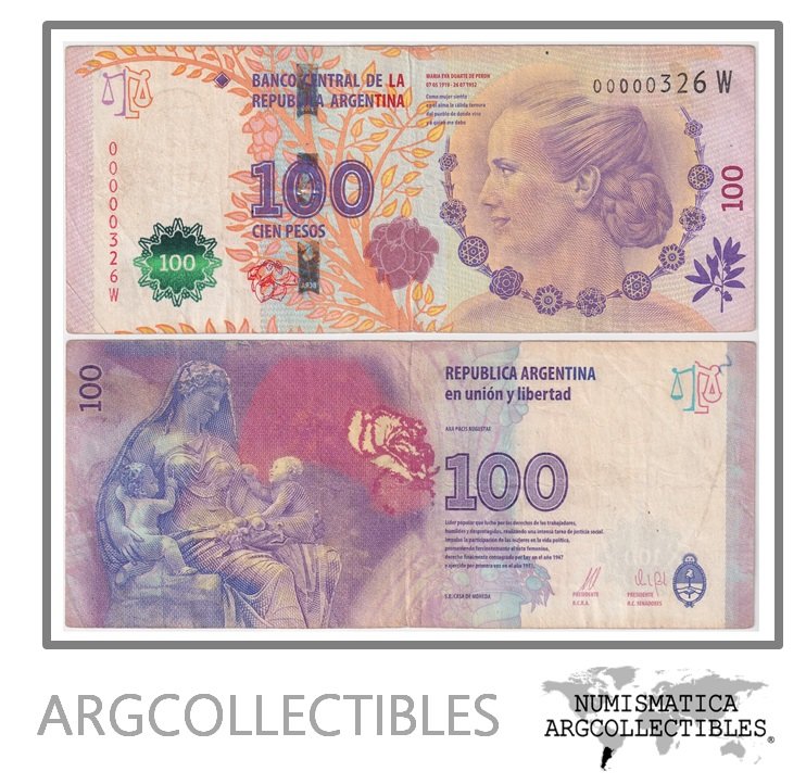 Argentina Billete 100 pesos 2015 P-358b/BOT-4329 VF (Serie W) (Numero Bajo)