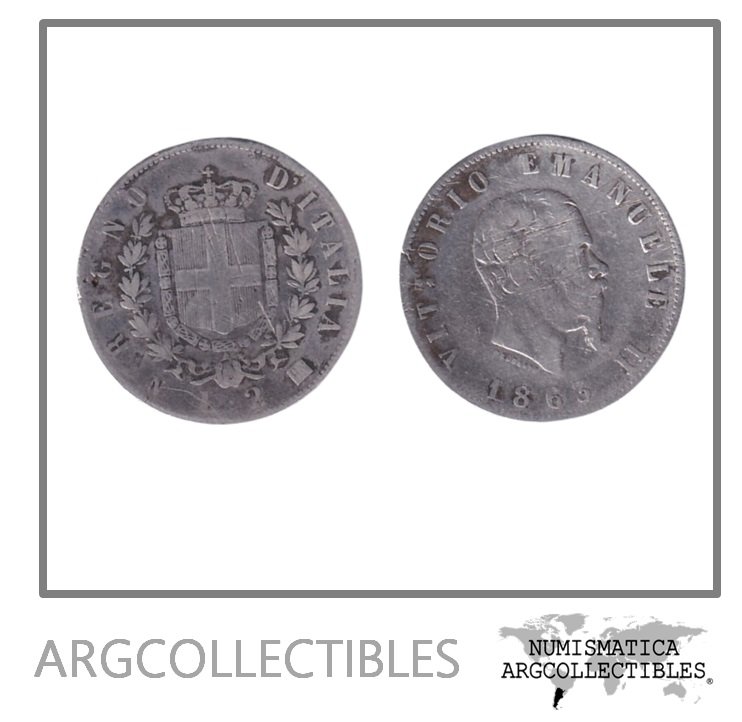 Italia Moneda 2 Liras 1863 NBN Plata 835 Vittorio Emanuele II KM-6a.1 VF