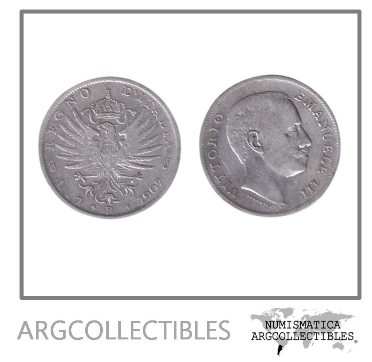 Italia Moneda 1 Lira 1907 R Plata 835 Vittorio Emanuele III KM-32 VF+