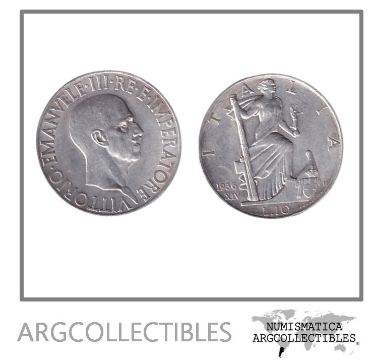 Italia Moneda 10 Liras 1936 R Plata 835 Vittorio Emanuele III KM-80 XF