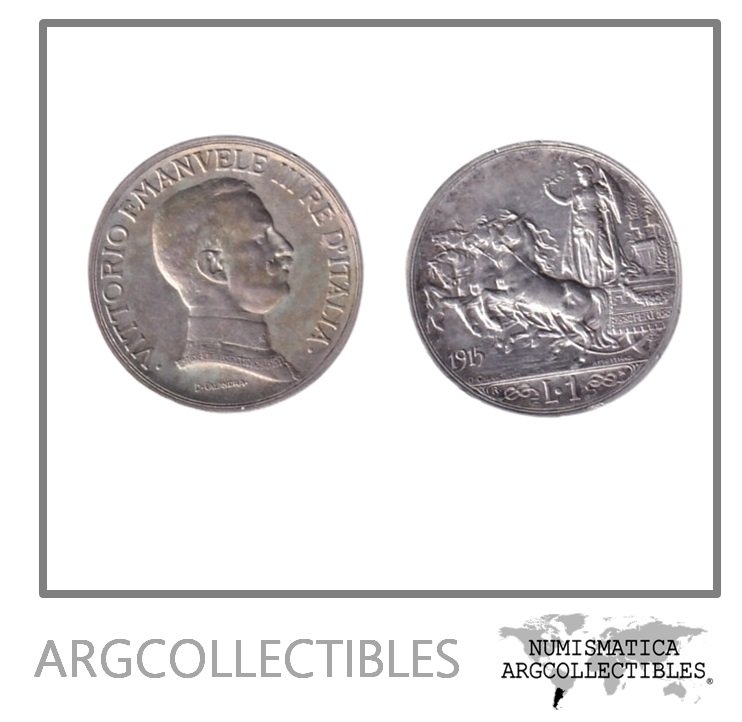 Italia Moneda 1 Lira 1915 R Plata 835 Vittorio Emanuele III KM-57 AU
