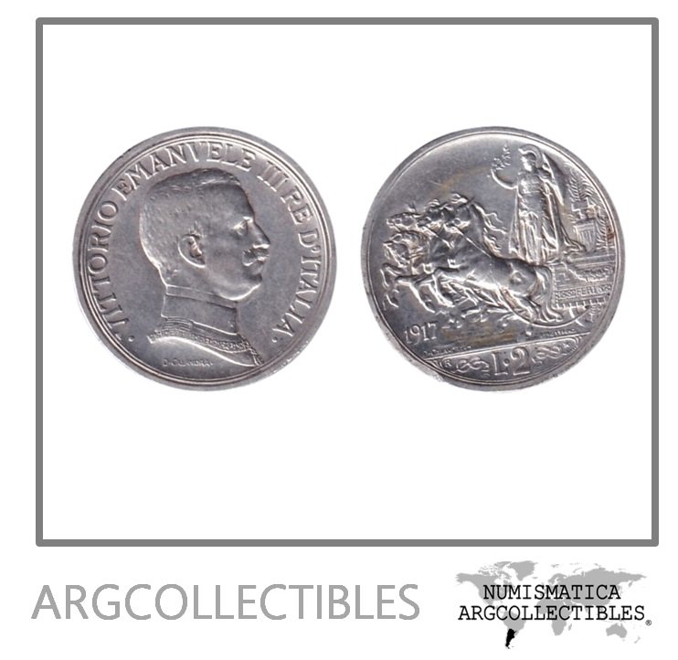 Italia Moneda 2 Liras 1917 R Plata 835 Vittorio Emanuele III KM-55 XF