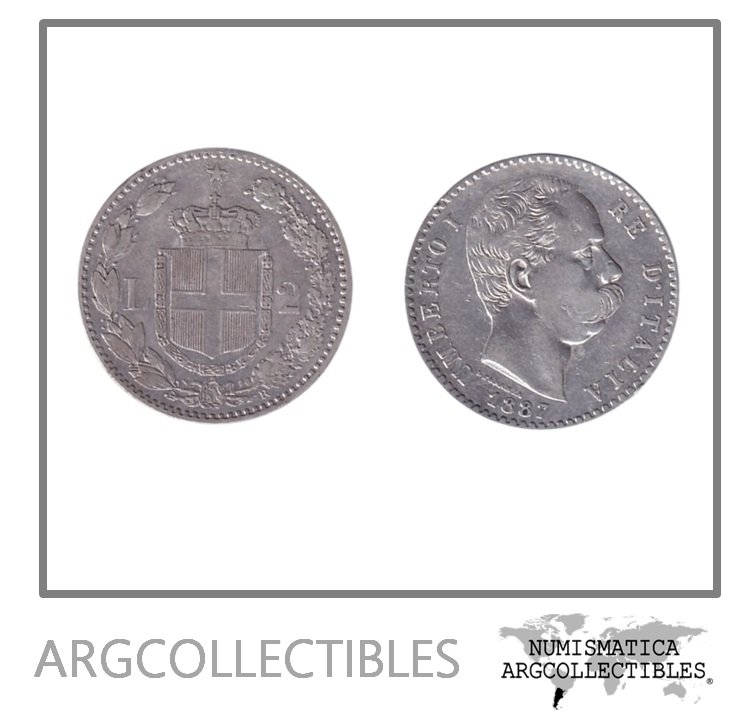 Italia Moneda 2 Liras 1887 R Plata 835 Umberto I KM-23 AU