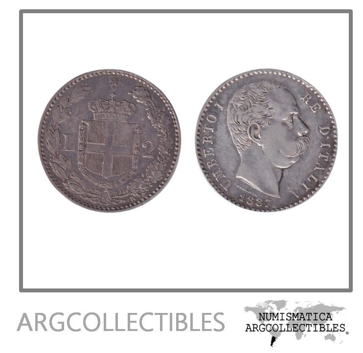 Italia Moneda 2 Liras 1887 R Plata 835 Umberto I KM-23 UNC