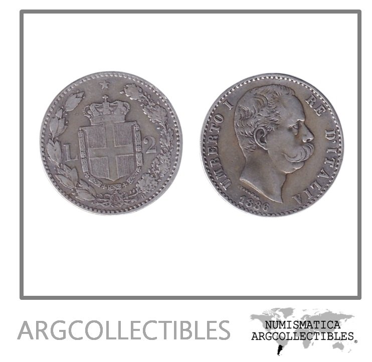 Italia Moneda 2 Liras 1886 R Plata 835 Umberto I KM-23 VF+