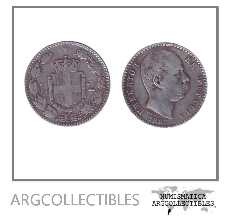 Italia Moneda 2 Liras 1887 R Plata 835 Umberto I KM-23 VF+
