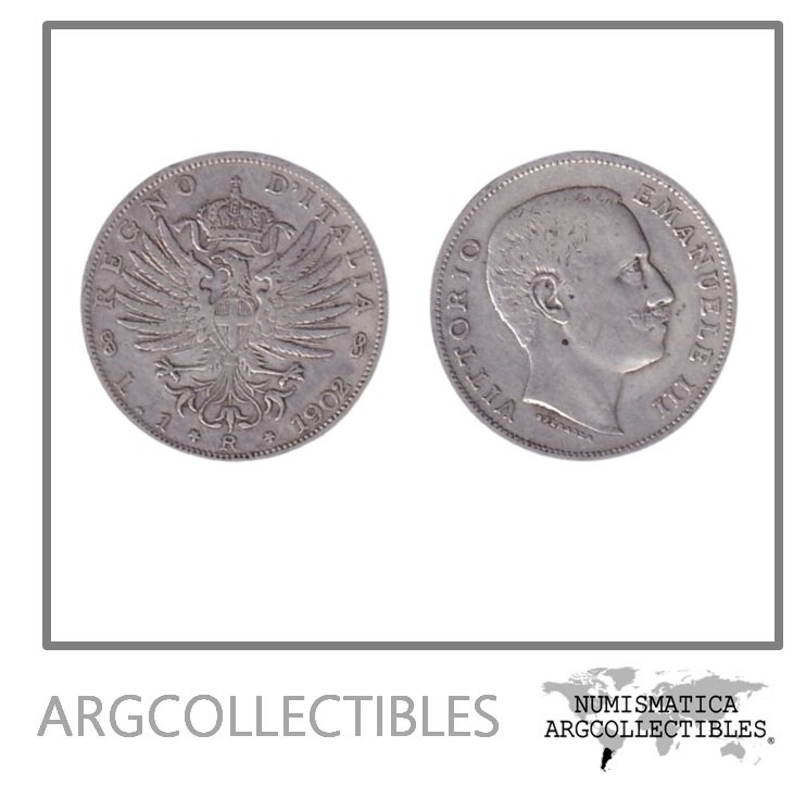 Italia Moneda 1 Lira 1902 R Plata 835 Vittorio Emanuele III KM-32 VF+