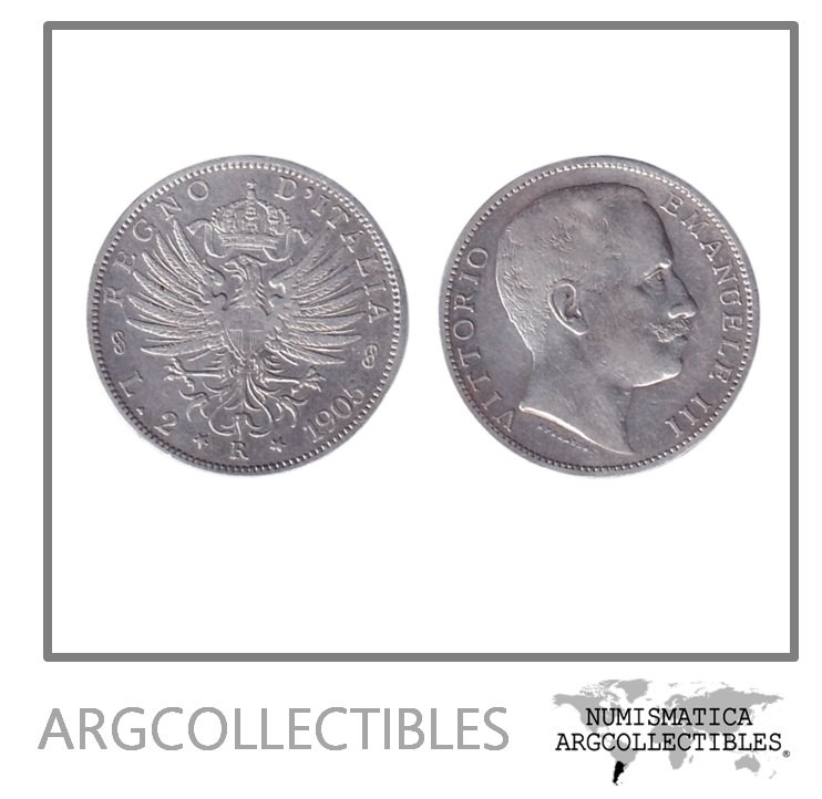 Italia Moneda 2 Liras 1905 R Plata 835 Vittorio Emanuele III KM-33 VF+