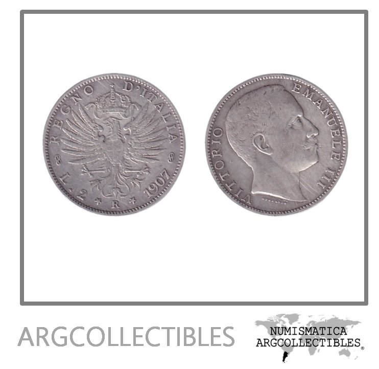 Italia Moneda 2 Liras 1907 R Plata 835 Vittorio Emanuele III KM-33 VF+